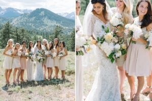 Bridal party, white and cream with blush and greenery bouquets