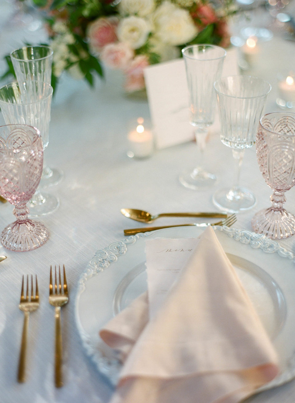Pink and Gold Wedding Reception Place Setting