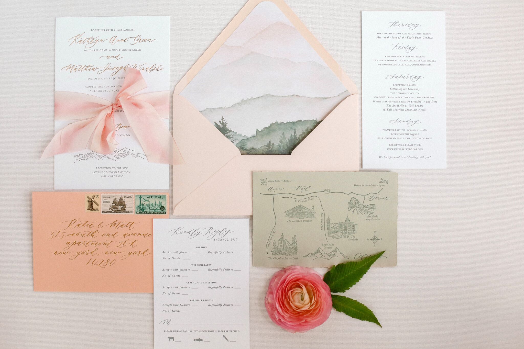wedding invitation peach mountains watercolor