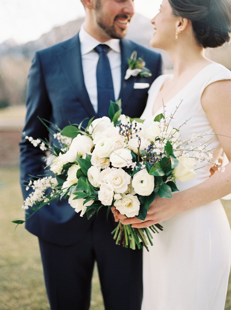 Navy Groom Suit Cap Sleeve Bridal Gown