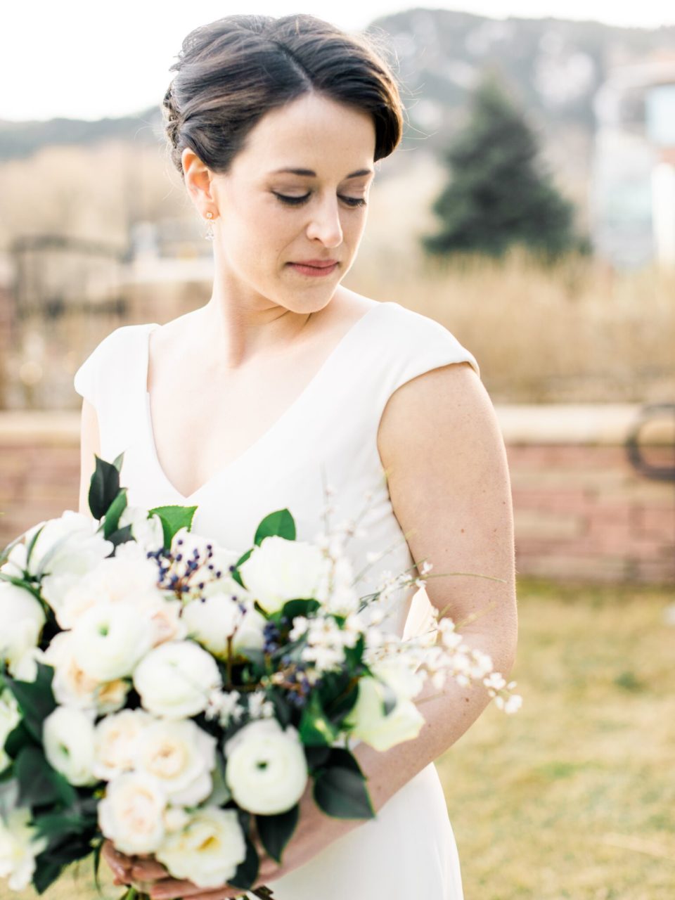 Outdoor Brunette Bride White Bridal Bouquet