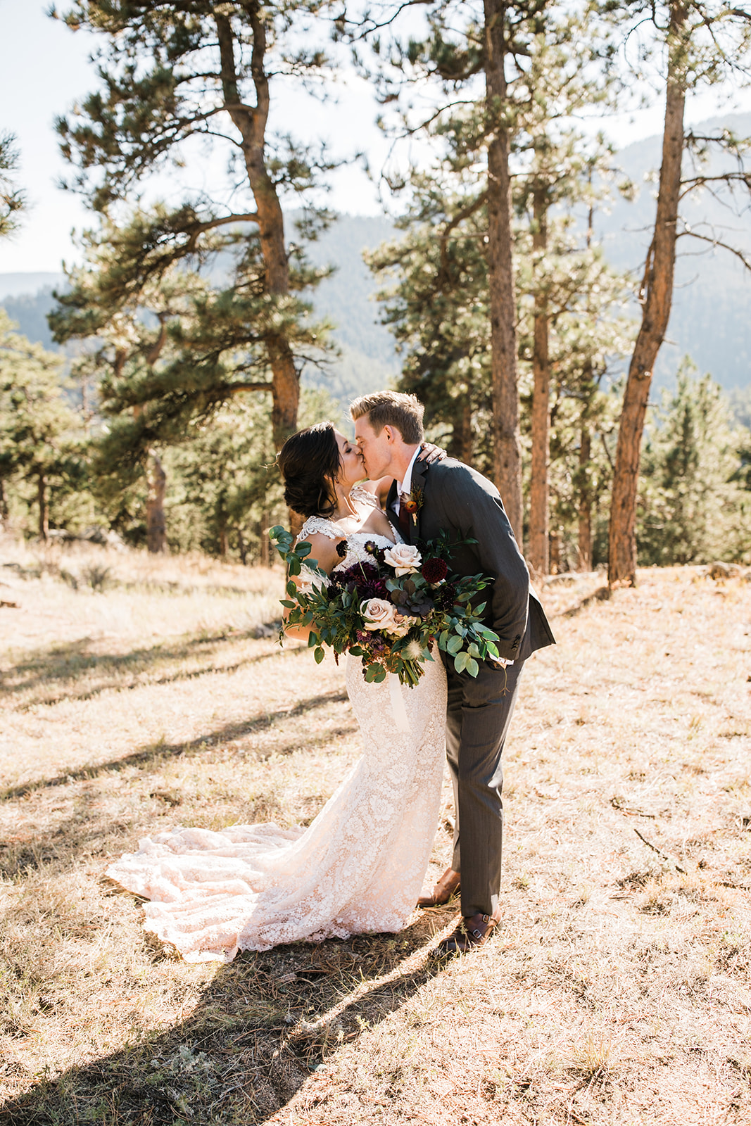 Bride Groom Kiss Fall Mountain Wedding