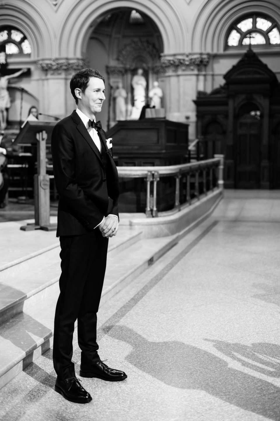 groom first look reaction st xavier francis church nyc wedding